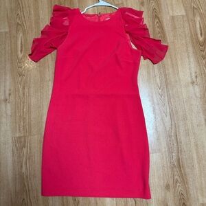 WORN 1x TRINA TURK BRIGHT MELON DRESS RUFFLE SHOULDERS